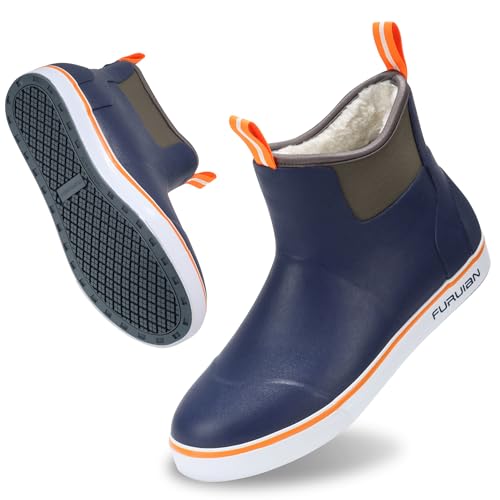Furuian Men's Deck Boots with Fuzzy Lining Rubber Boots for Men Ankle Fishing Boots Mens Rain Boots Anti-slip Warm Winter Boots Watereproof Snow Boots for Fishing, Gardening, Outdoor