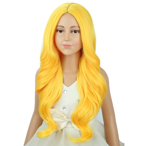 Image of Women Gold Yellow Wig Women Long Yellow Wavy Curly Wig Long Middle Part Wigs for Women Heat Resistant Synthetic Wigs with Cap