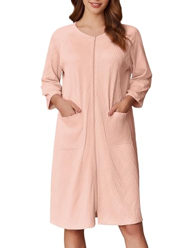 Ekouaer Women Zipper Robes 3/4 Sleeve Ribbed Knit Bathrobe Lightweight Knee Length Loungewear Housecoat with Pockets Pink,XXL