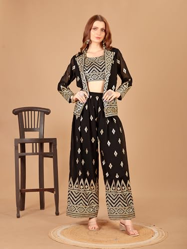 Image of Xomantic Fashiion Womens Black Color Jacket With plazzo Set