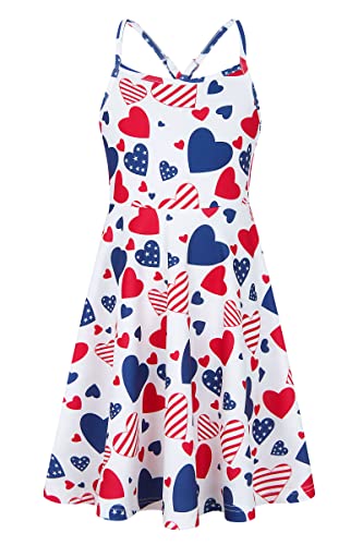 Girls 4th of July Summer Dresses Patriotic American Flag Adjusted Spaghetti Strap Dress Size 4-11