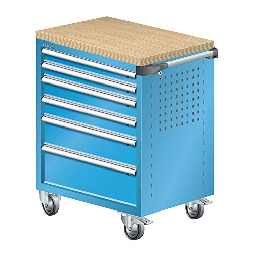 LISTA Art.Nr. 81.062.010 Werkstattwagen mit Holzabdeckung 36x27E (BxTxH) 894x525x928mm 6 Schubladen Lichtblau RAL 5012