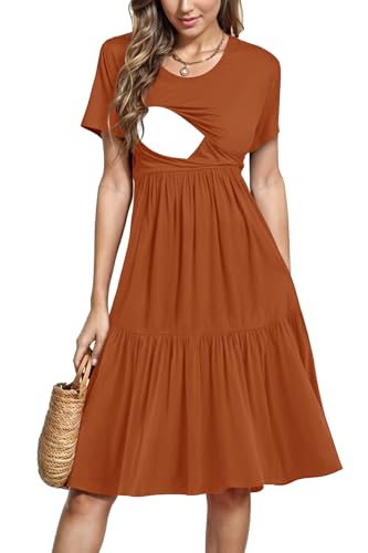Image of PARNIXS Women's Summer Nursing Dress Short Sleeve Maternity Knee Length Breastfeeding Dress