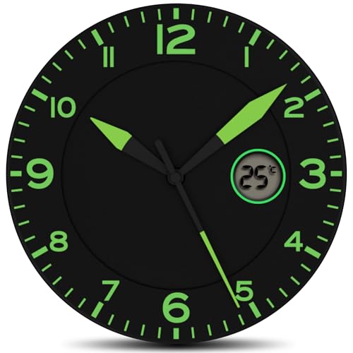 Fishtec Horloge Murale Phosphorescente - Affichage Température LCD - Cadran Vert Relaxant et Grands Chiffres pour Salon Chambre et Bureau - Diamètres de 25,4...