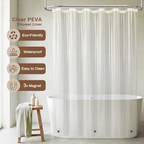 Image of BTTN 3 in 1 Shower Curtain with PEVA Liner, Sage Green Boho Linen Fabric Shower Curtain Set with Plastic Hook, Farmhouse Bohemian Country Cute Waterproof Cloth Shower Curtain for Bathroom, 72x72