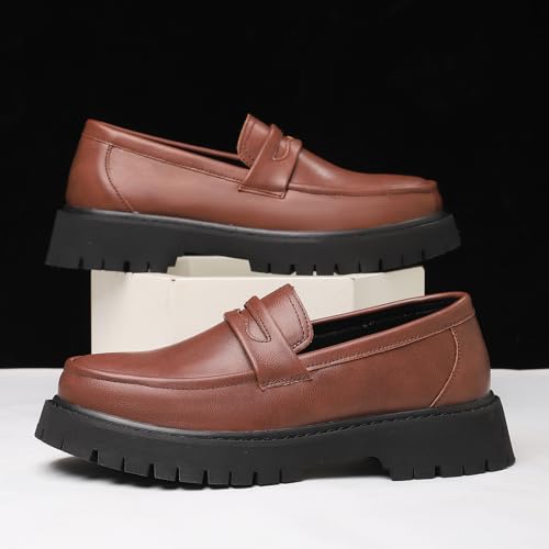 Image of Men's Leather Platform Chunky Slip-On Penny Loafers Classic Round Toe Lug Sole Business Casual Formal Work Shoes