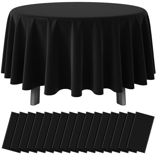 Image of 16 Pack Black Plastic Tablecloth for Round Tables, Premium Decorative Black Disposable Table Cloths for Parties, Bulk Round Party Table Cover for Birthday Wedding Anniversary Graduation, 84 Inch