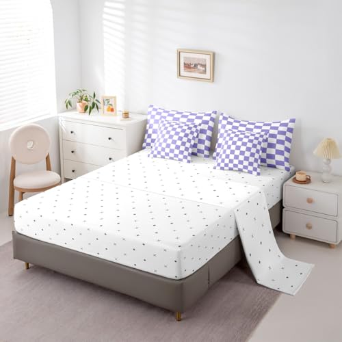 Image of Feelyou Checkered Retro Comforter Set with Sheets 7 Piece Full Size Purple Plaid Bedding Set for Kids Boys Girls Geometric Vintage Bed in a Bag Modern Simple Groovy Aesthetic Room Decor Soft