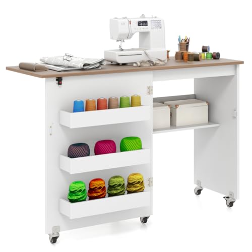 COSTWAY 2 en 1 Mesa Maquina de Coser Plegable, 116x40.5x78cm, Mueble Maquina Coser con 3 Compartimientos Ocultos y Estante, Escritorio Móvil con 5 Ruedas Bloqueables, Ahorro de Espacio (Blanco+Marrón)