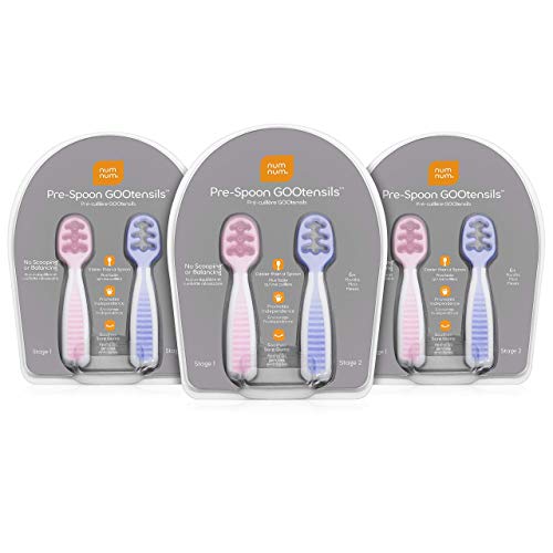 Image of NumNum Baby Spoons Set, Baby Essentials Pre-Spoon GOOtensils for 6+ Months, First Stage Self-Feeding Spoons for Baby Led Weaning (BLW), Silicone Toddler Utensils, BPA-Free, 6 Pack Lilac/Rosebud