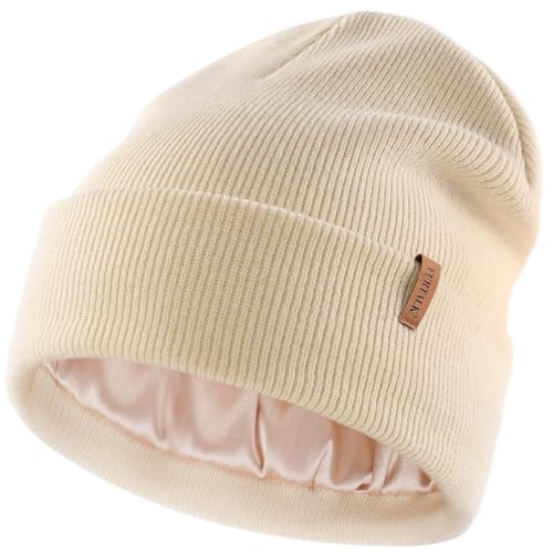 FURTALK Damen Winter Warm Satin Gefüttert Beanie Mütze Seidenfutter Strickmütze Unisex Gestrickt Wintermütze Beige