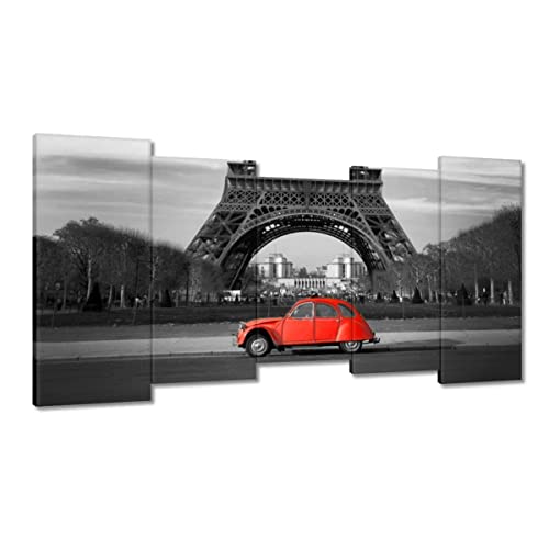 Toile Tour Eiffel Paris et voiture rouge pour une ambiance romantique rétro