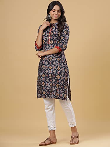 Image of Juniper Women's Navy Printed Straight Knee Length Kurta