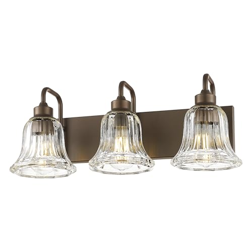 Image of zeyu 22 Inch Bronze Vanity Lights, Farmhouse Wall Sconce Lighting, 3 Light Bathroom Mirror Wall Light, Oil Rubbed Bronze Finish with Clear Striped Glass, ZJX117B-3W ORB