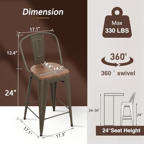 Butacos giratorios de bar de 24 pulgadas, juego de 4 sillas de altura para mostrador con estructura metálica y asiento de madera, estilo granja moderna para isla de cocina o comedor miniatura 2