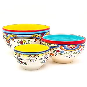 Euro Ceramica Zanzibar Collection Vibrant Ceramic Mixing Bowls, 3 Piece Set, Spanish Floral Design, Assorted Sizes, Multicolor,176 fluid ounce