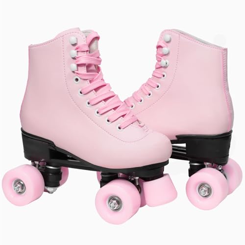 Wiwiy Roller Skates for Women Men, Leather High Top Double-Row Skates Pink, for Beginner Indoor Outdoor Roller Skates(Women\'s 8.5 / Men\'s 7.5) - Thumbnail 5