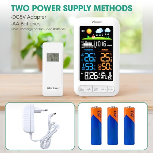 Vexloria Funk-Wetterstation Mit AußEnsensor, Digitale Dcf-Funkuhr, Raumthermometer, Raumhygrometer Mit Temperaturanzeige, Wettervorhersage, Zeitanzeige, Alarm, Upgrade-Version Weiß