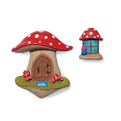 Fairy Door and Window Fairy Garden Accessories â€“ Red Mushroom Fairy Garden Door and Window Set for Fairy House and Other Fairy Garden Miniatures, Garden Decor for Fairies and Garden Gnome Decor