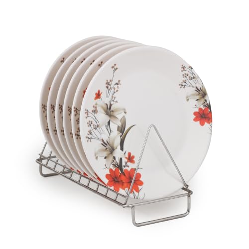 Image of Golden Fish Melamine Round Dinner Plate Set of 6 | Red & White Floral Print | Unbreakable, Dishwasher & Microwave Safe