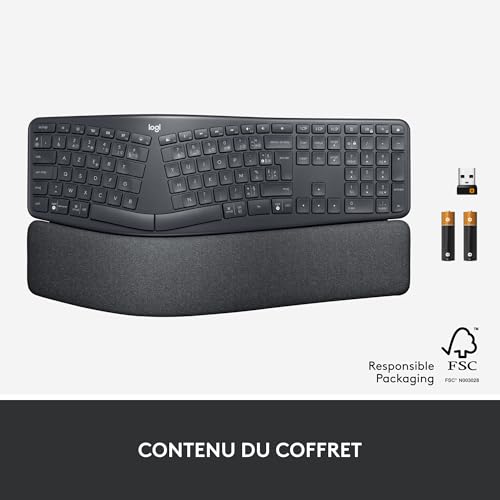 Logitech Ergo K860 Clavier Ergonomique sans Fil - en Deux Parties, Repose Poignet, Frappe Naturelle, Bluetooth Et Connectivité USB, Compatible avec PC & Mac, Clavier Français AZERTY - Gris