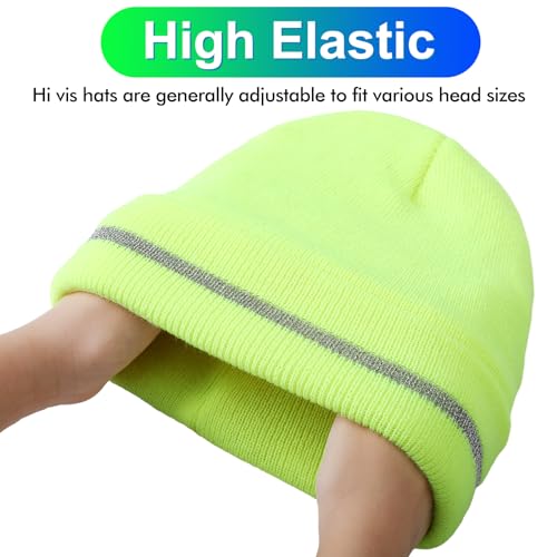 Suhine 4 Pack Men Hi Vis Winter Safety Hats Fleece Lined Hi Vis Beanies with Reflective Stripes Fluorescent Hats for Outdoor(Neon Yellow)