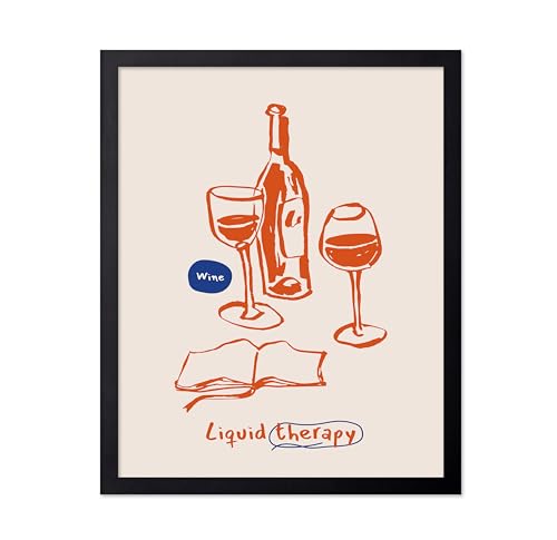 Poster Master Liquid Therapy Poster - Retro Wine Print - Alcohol Art - Champagne Artwork - Bartender Design - Chic Boho Graphic - Great Restaurant or Kitchen Wall Decor - 8x10 Black Framed