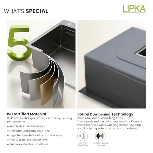 Image of LIPKA 24x18x10 inches Handmade Single Bowl Kitchen Sink | 304-Grade Stainless Steel Sink with Brushed Matte Finish | Kitchen Sink Including Coupling, Silver
