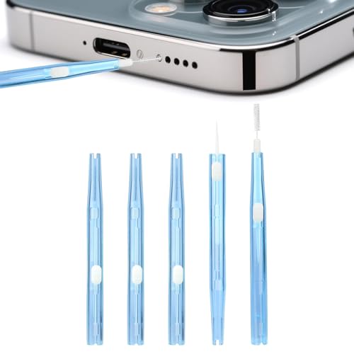 Fukaisu 5pcs Mini Brosses de Nettoyage pour Port de Charge, Poils et Crochet Double Face Anti-Obstruction pour Téléphones et Écouteurs (Bleu)