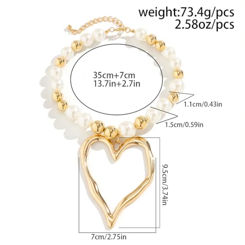 Chunky Heart Gold Pearl Bead Pendant Necklace for Women Exaggerated Large Round Balls Beads Choker Y2k Big Hollow Love Collar Necklaces Trendy Statement Jewelry3