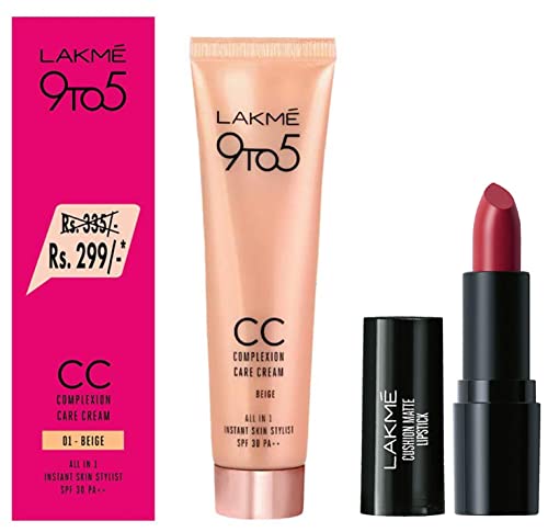 Image of LAKME Cushion Matte Lipstick, Red Wine, 4.5 G & Lakme 9 To 5 Complexion Care Light Face Cc Cream for All Skin Type, Beige, Spf 30, Conceals Dark Spots & Blemishes, 30 G