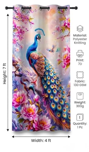 Image of Digital Printed Curtain with Pink Rose and Butterfly Design, 7 Feet, Grommet Top, White (4, Peacock Pink Flower, 7 Feet)