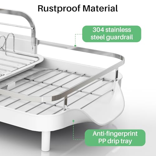 Image of SAYZH Dish Drying Rack - Expandable Dish Rack for Kitchen Counter, Rust-Resistant Dish Drainer with Utensil Holder and Raised Guardrail, Kitchen Organizer for Cup and Bottle (White)
