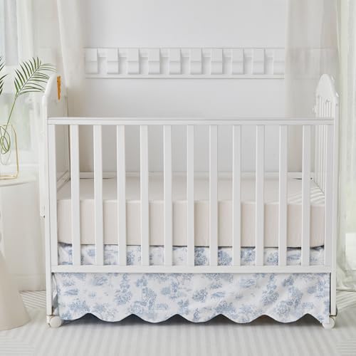 Image of Brandream French Country Toile Crib Skirt, Baby Girl Gender Neutral Crib Skirt Scalloped Toddler Bedskirt Vintage Blue Toile Floral Print 100% Cotton Farmhouse Chic Nursery Crib Bed Skirt