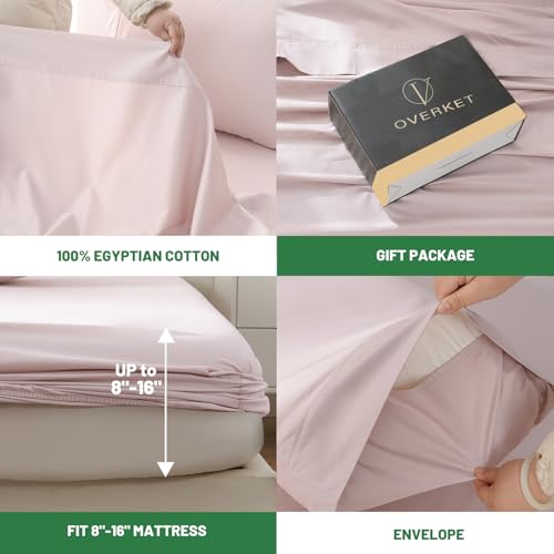 Image of 1000 Thread Count Egyptian Cotton Sheets Queen Size Set 4PCS Sateen Weave Soft Breathable 16-Inch Deep Pocket(Queen,Light Pink)
