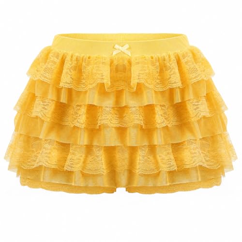 ROLOSI Women Ruffle Shorts Lace Multi-Layered Bloomers Lolita Bloomers Cute Pumpkin Pants Sexy Boyshorts Mini Shorts Pettipants Yellow