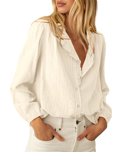 BTFBM Long Sleeve Shirts for Women Fall Outfits 2025 Dressy Casual Ruffle Button Down Shirt Loose Vacation Blouses Tops