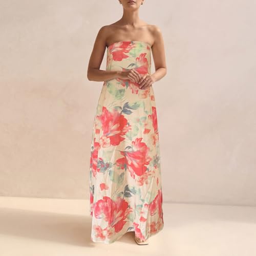 Image of Zwirelz Women Strapless Maxi Dress Boho Floral Print Flowy Long Tube Dress Off Shoulder Loose Beach Sundress