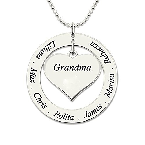 FUJIN Personalized 925 Sterling Heart Family Necklace Custom Made with Any Names (Silver)