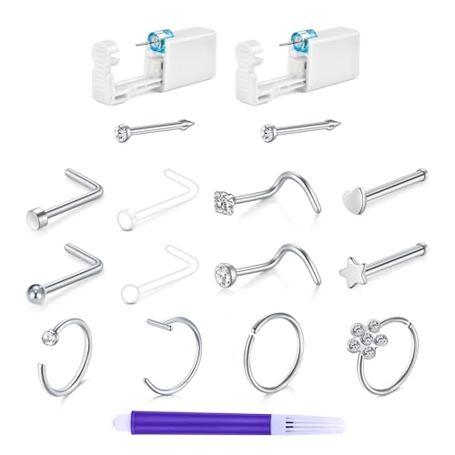 TOKRING Nose Piercing Kit - 2 Packs Self Piercing Gun with Silver Nose Rings Studs Disposable Safety Piercing Kit