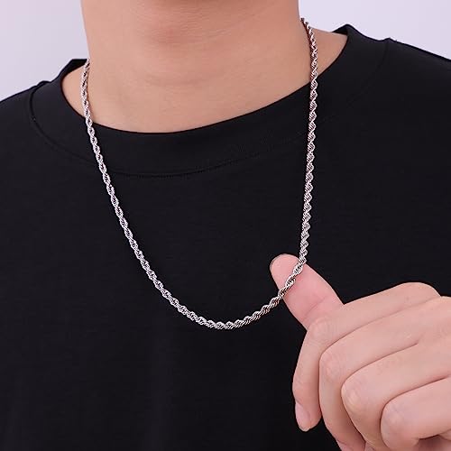Fiusem 3mm Rope Chain Necklace for Men, Silver Tone Mens Chain Necklace, Stainless Steel Necklace Chain for Men Women - Image 5