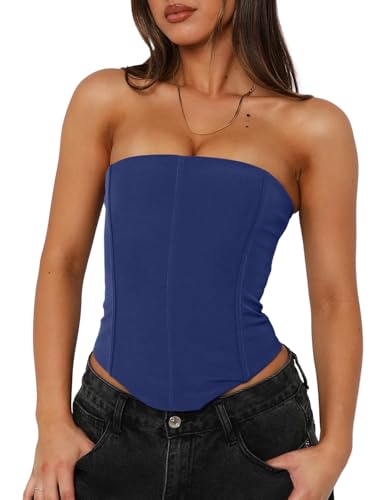 UNCOOYEE Womens Sexy Corset Tube Top Summer Trendy Lace-Up Backless Y2K Going Out Tank Tops Cute Slimming Crop Tops for Teen Girls Date Night Party Navy Blue Small