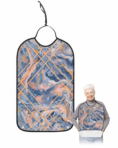 LEOKOTI Blue Adult Bibs for Eating, Waterproof Bibs with Food Catcher & Adjustable Snap Closure, Modern Geometric Marble Abstract Art Washable Clothing Protectors Adult Bibs for Elderly Women/Men