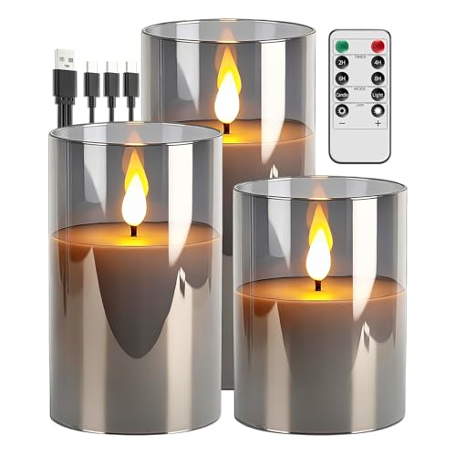 Broyal 3er-Set Led Kerzen Aufladbar,Grau Glas LED...