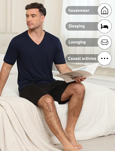 Image of MoFiz Mens Pajamas Set Short Sleeve PJ's Sleep Lounge Sleepwear Cool Pyjama Summer Sets Comfortable Lightweight