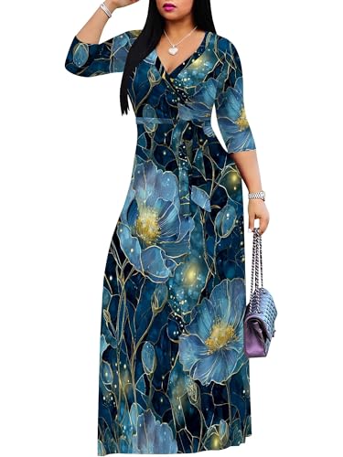 Image of Plus Size Dresses for Women Floral Print Maxi Dress Flowy 3 /4 Sleeve with Belt