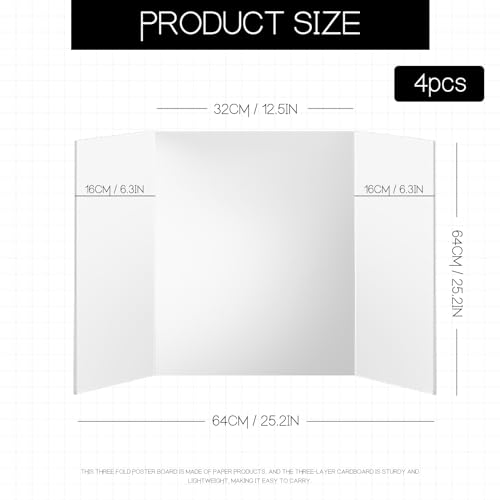 POUYRBA 4pcs Trifold Poster Board, 26x17 Inches White Trifold Presentation Display Board with Double-sided Adhesive Tape and Colorful papers Corrugated Project Board for School and Business Project