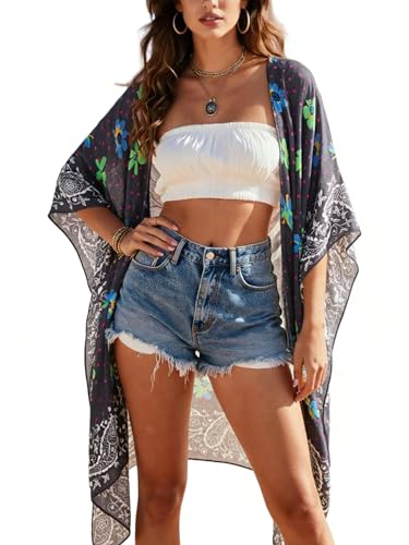 Image of Spicy Sandia Kimonos for Women Floral Beach Cover Up Loose Swimsuit Bathing Suit Coverup Cardigan for Summer Swimwear