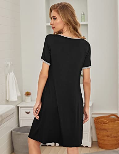 Ekouaer Women's Nightgown Short Sleeve Sleepwear Comfy Sleep Shirt Pleated Scoopneck Nightshirt S-Xxl (Black, Xxx-Large) #TOP3