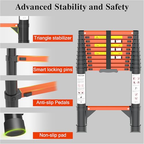 Image of Telescoping Ladder, 10.5 FT 330 Lbs Aluminum Extension Ladder, Black Orange | Telescopic, Collapsible & Adjustable, Compact Retractable Ladder for House, Roof, RV & Travel Trailer